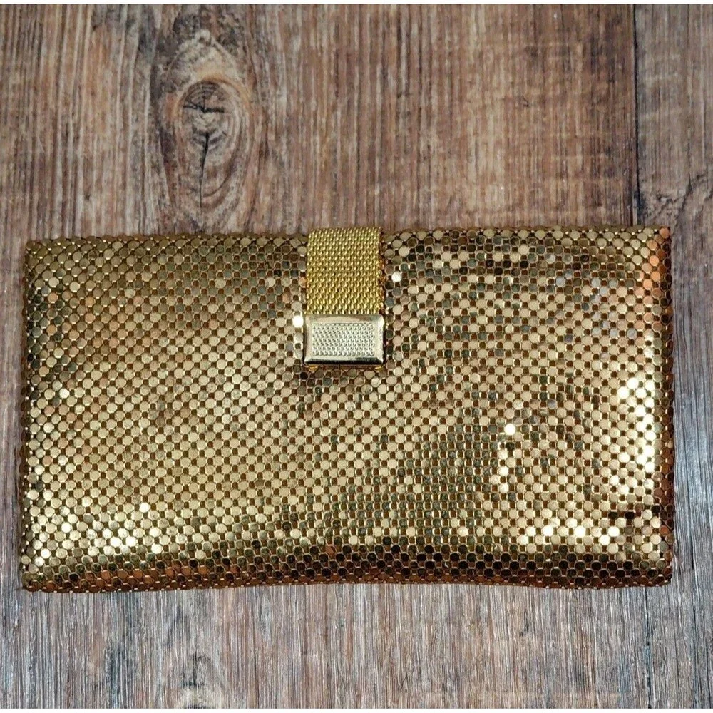 Vintage Whiting and Davis Gold Mesh Tri-Fold Checkbook Bilfold Clutch Metallic